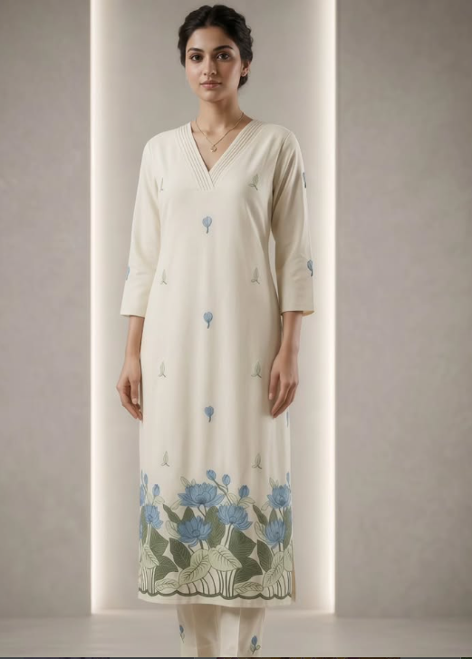 WHITE KURTHA WITH BLUE LOTUS PRINT